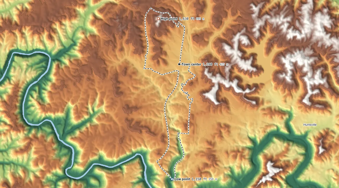 Topographic elevation map of Helenwood, Tennessee, shaded from 1,150 ft on the south side to 1,630 ft on the northwest side