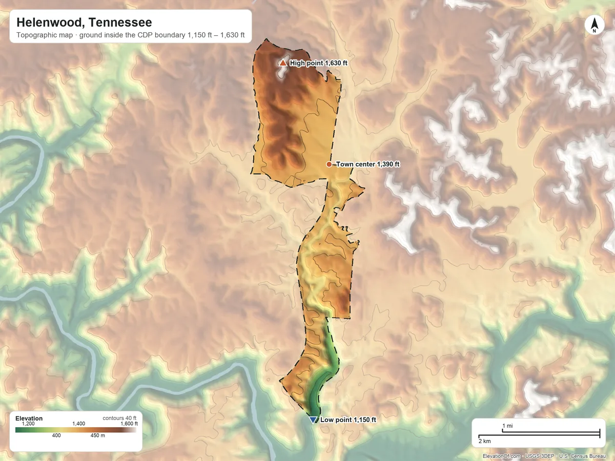 Topographic elevation map of Helenwood, Tennessee, shaded from 1,150 ft on the south side to 1,630 ft on the northwest side
