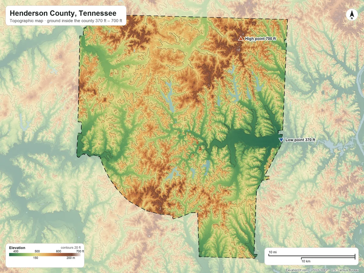 Topographic elevation map of Henderson County, Tennessee, shaded from 370 ft on the east side to 700 ft on the northeast side