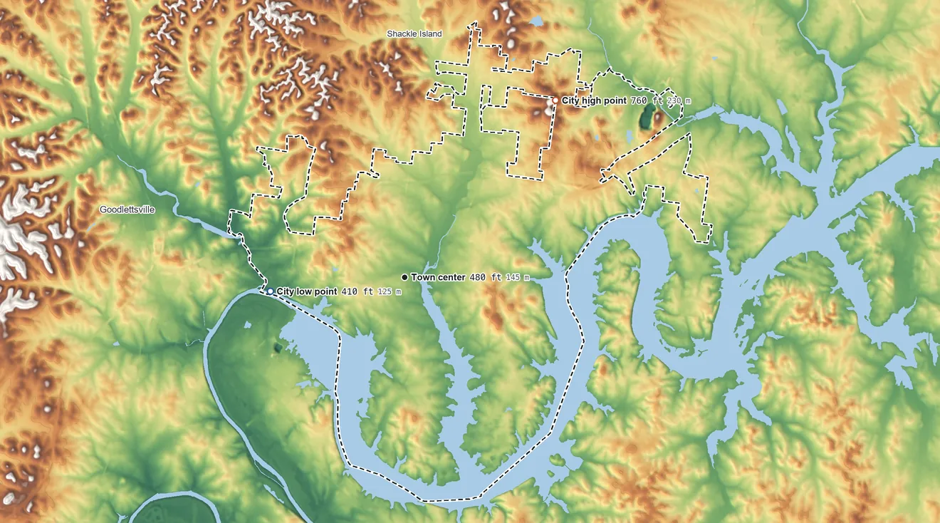 Topographic elevation map of Hendersonville, Tennessee, shaded from 410 ft on the west side to 760 ft on the northeast side