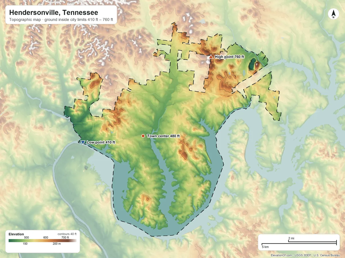 Topographic elevation map of Hendersonville, Tennessee, shaded from 410 ft on the west side to 760 ft on the northeast side