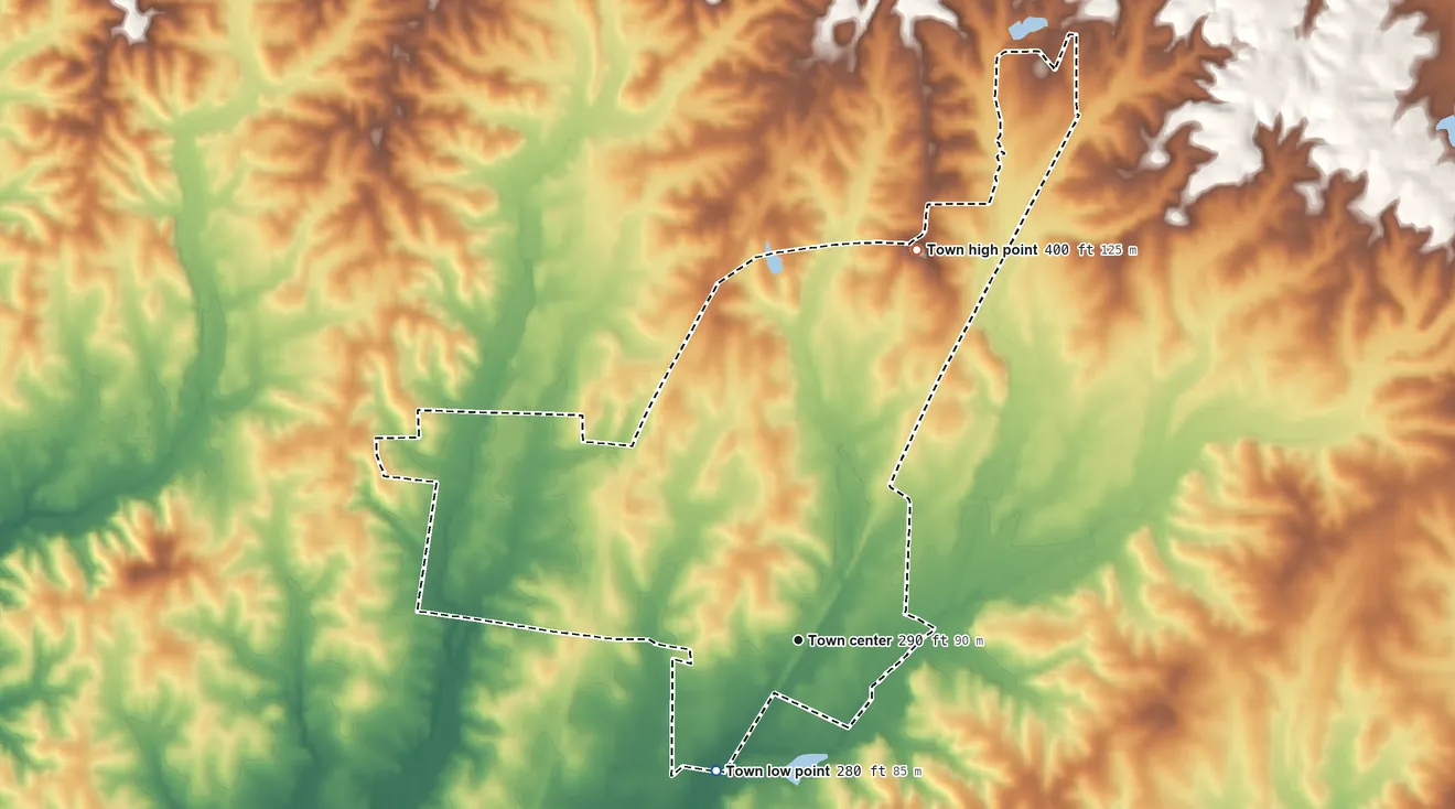 Topographic elevation map of Henning, Tennessee, shaded from 280 ft on the southwest side to 400 ft on the north side