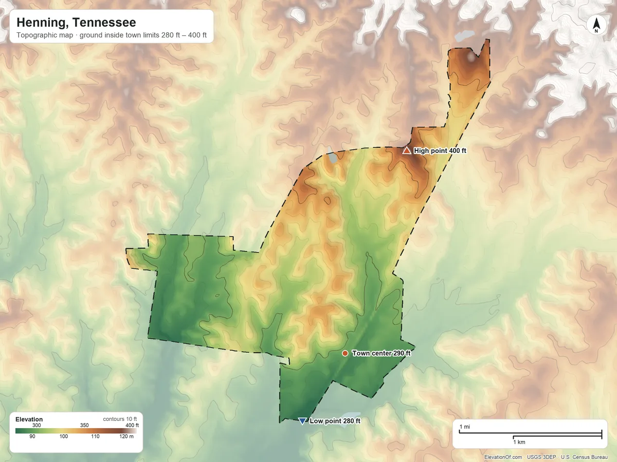 Topographic elevation map of Henning, Tennessee, shaded from 280 ft on the southwest side to 400 ft on the north side