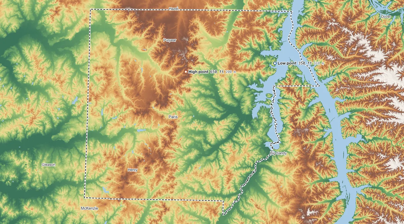 Topographic elevation map of Henry County, Tennessee, shaded from 350 ft on the northeast side to 650 ft on the north side