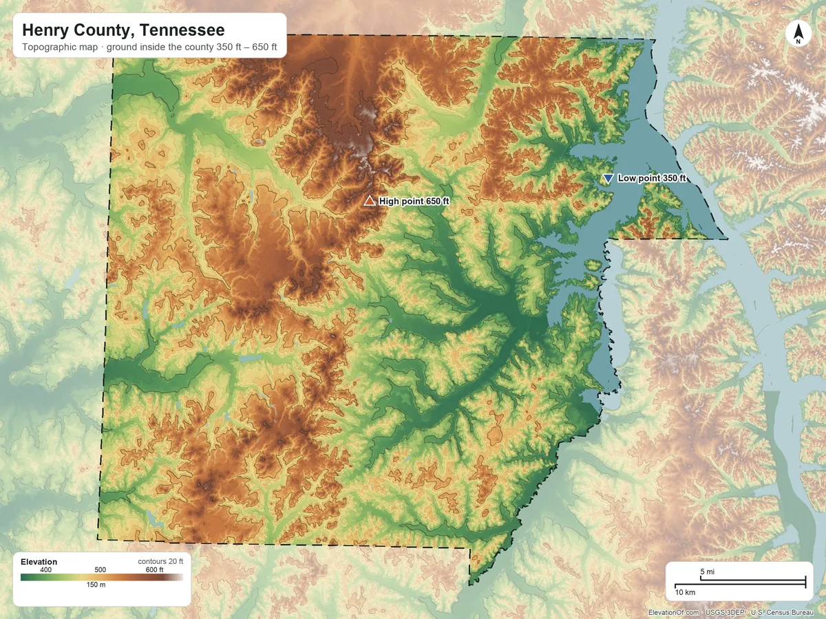 Topographic elevation map of Henry County, Tennessee, shaded from 350 ft on the northeast side to 650 ft on the north side