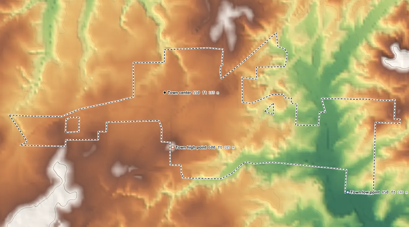 Topographic elevation map of Henry, Tennessee, shaded from 450 ft on the southeast side to 600 ft on the south side