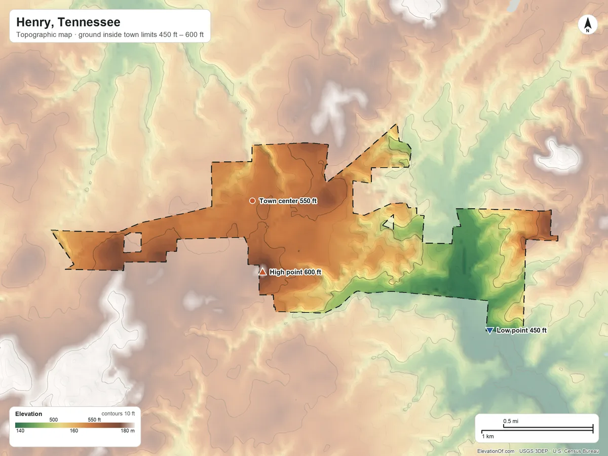 Topographic elevation map of Henry, Tennessee, shaded from 450 ft on the southeast side to 600 ft on the south side