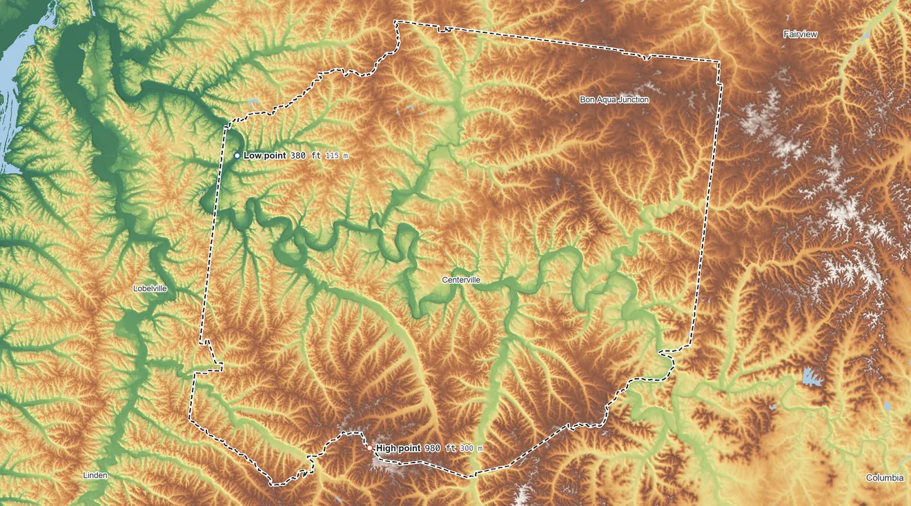 Topographic elevation map of Hickman County, Tennessee, shaded from 380 ft on the northwest side to 980 ft on the southwest side