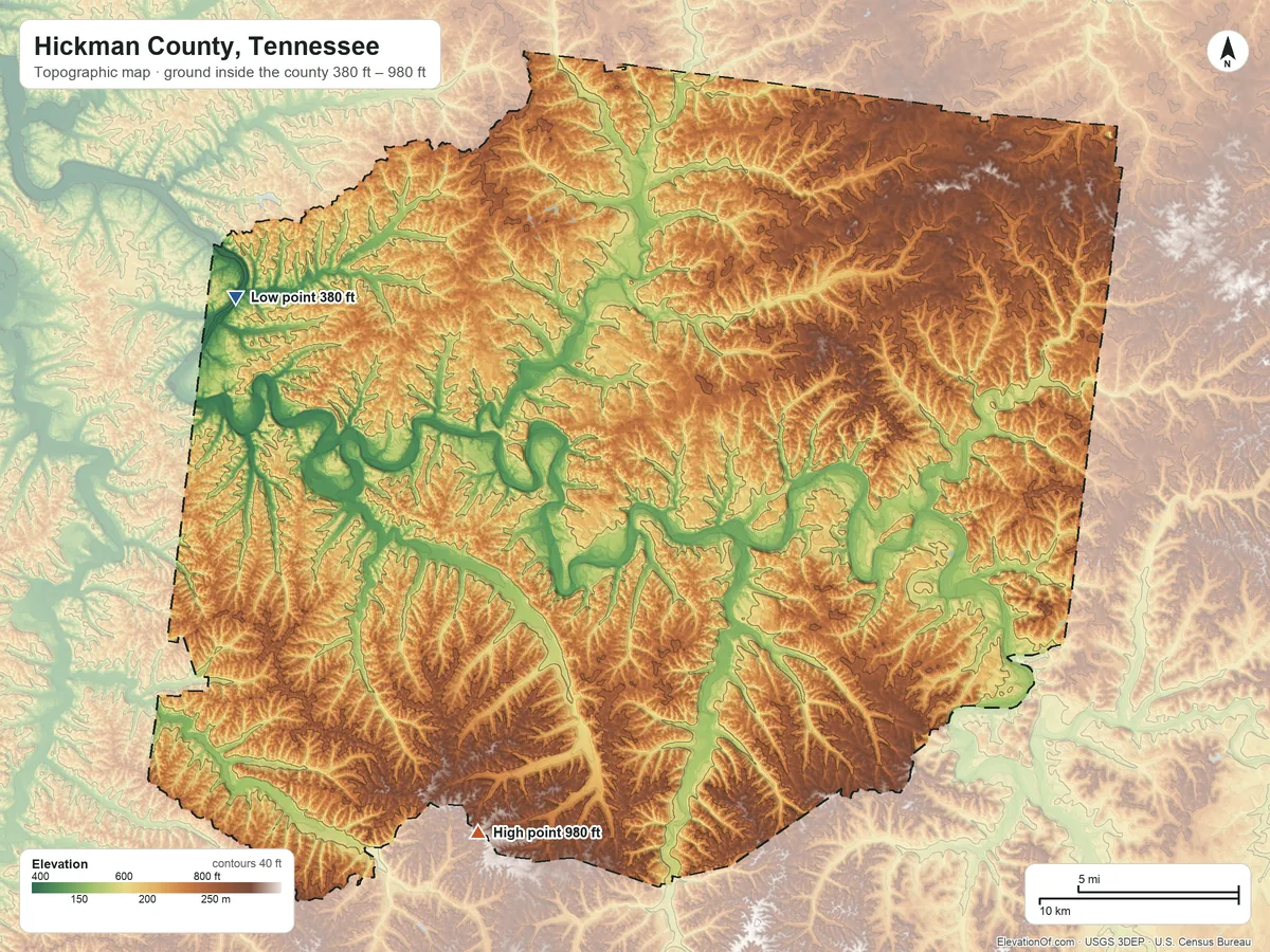 Topographic elevation map of Hickman County, Tennessee, shaded from 380 ft on the northwest side to 980 ft on the southwest side