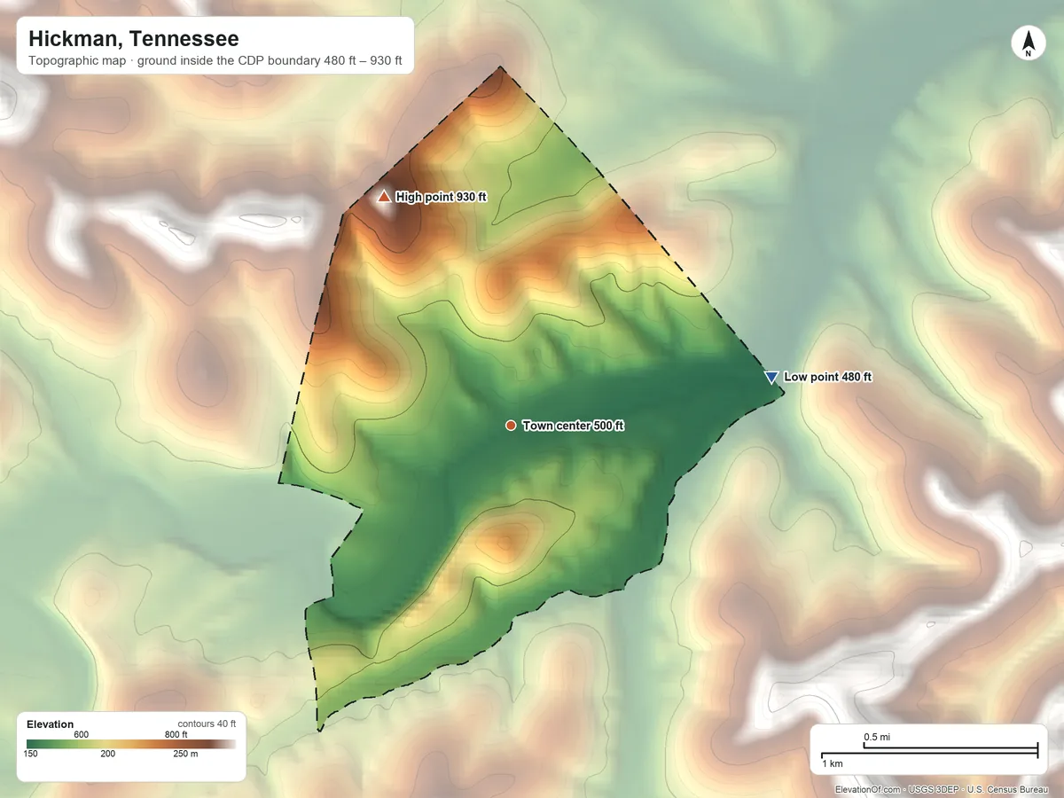 Topographic elevation map of Hickman, Tennessee, shaded from 480 ft on the east side to 930 ft on the northwest side