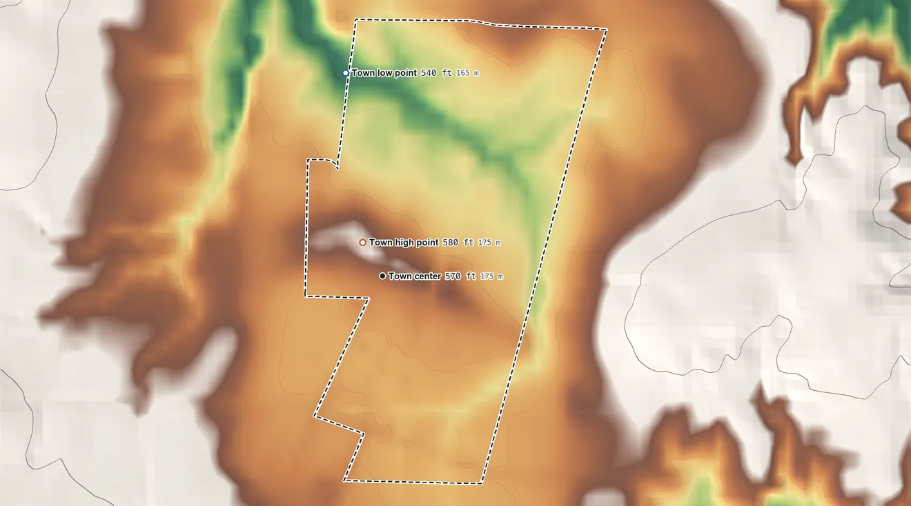 Topographic elevation map of Hickory Valley, Tennessee, shaded from 540 ft on the north side to 580 ft near the middle
