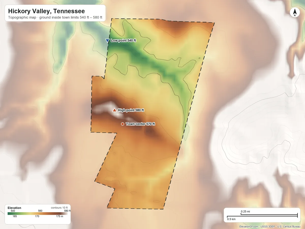 Topographic elevation map of Hickory Valley, Tennessee, shaded from 540 ft on the north side to 580 ft near the middle