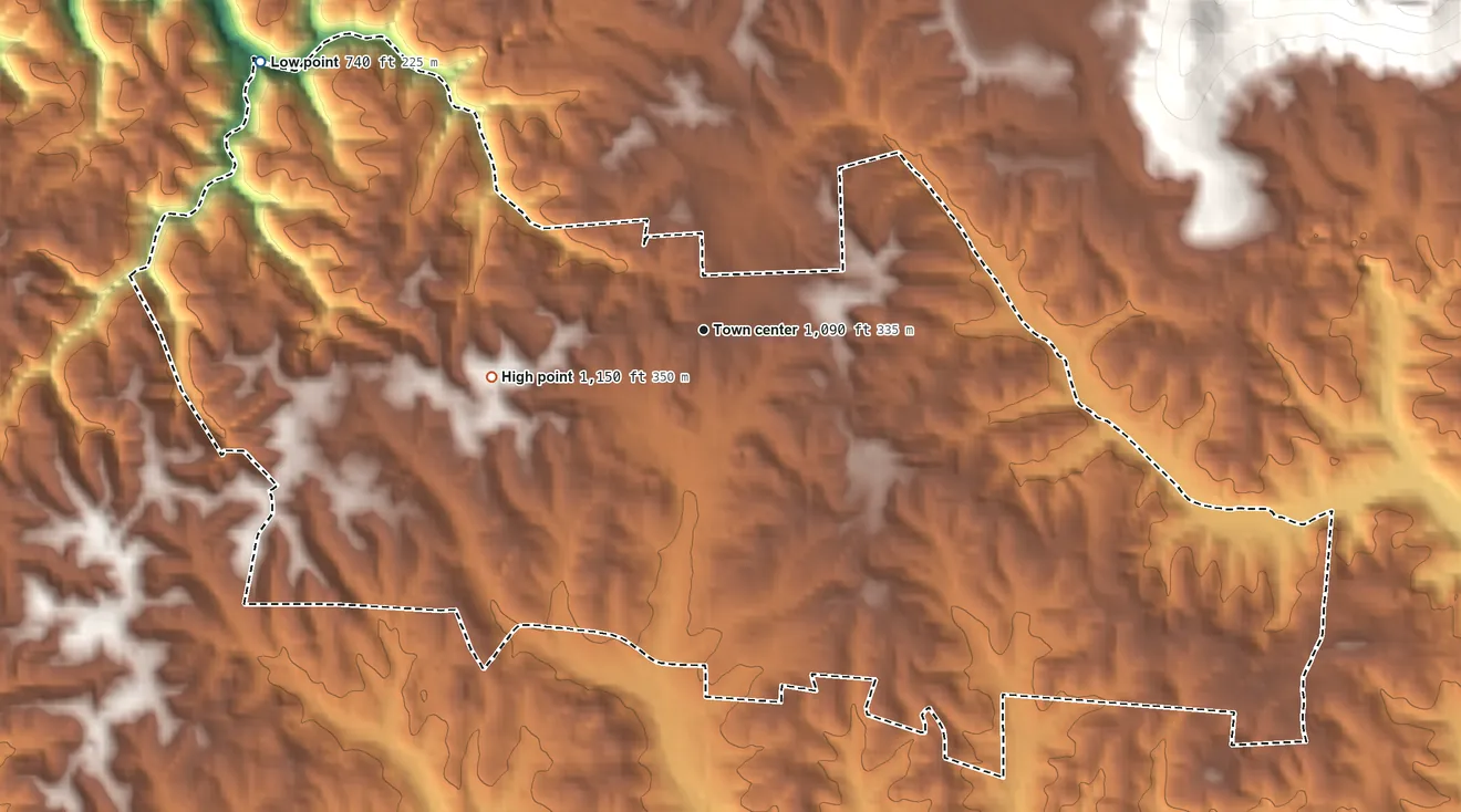 Topographic elevation map of Hilham, Tennessee, shaded from 740 ft on the northwest side to 1,150 ft on the west side