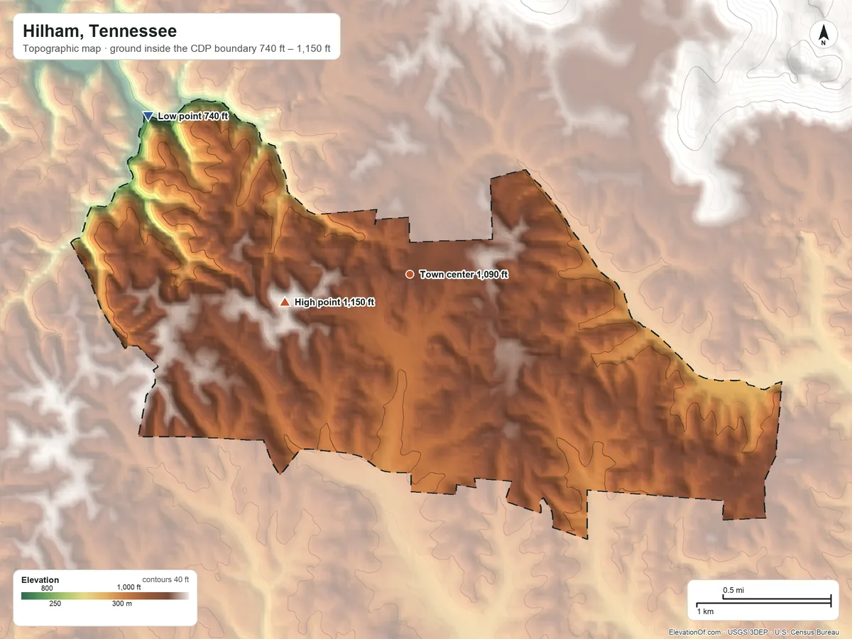 Topographic elevation map of Hilham, Tennessee, shaded from 740 ft on the northwest side to 1,150 ft on the west side