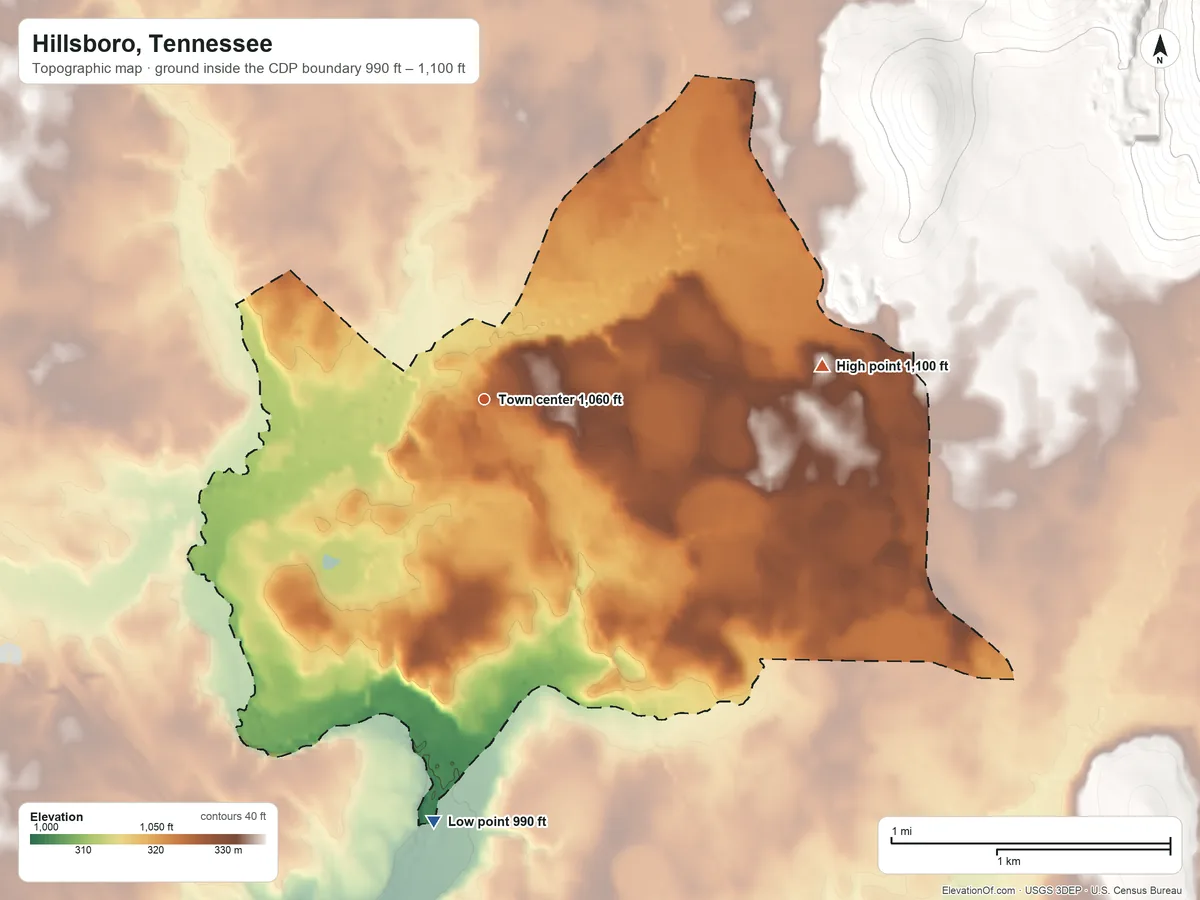 Topographic elevation map of Hillsboro, Tennessee, shaded from 990 ft on the south side to 1,100 ft on the east edge, below higher ground just outside
