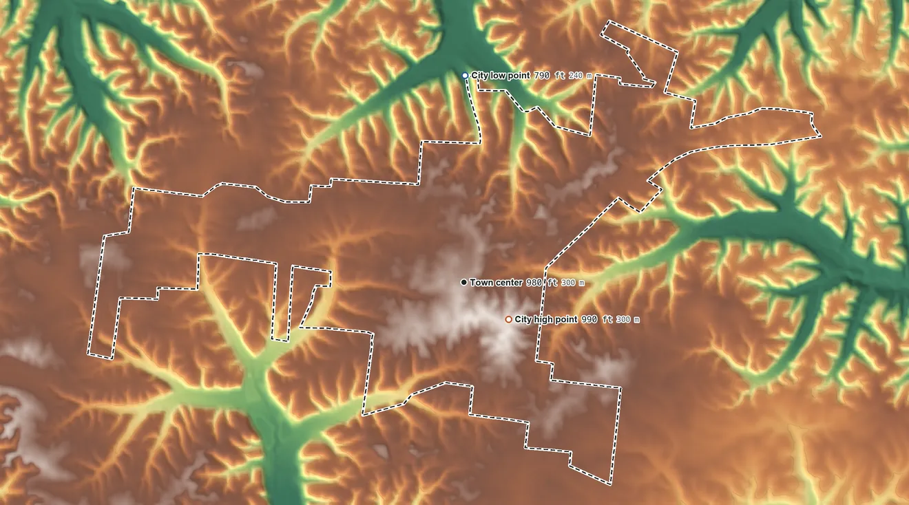 Topographic elevation map of Hohenwald, Tennessee, shaded from 790 ft on the north side to 990 ft near the middle