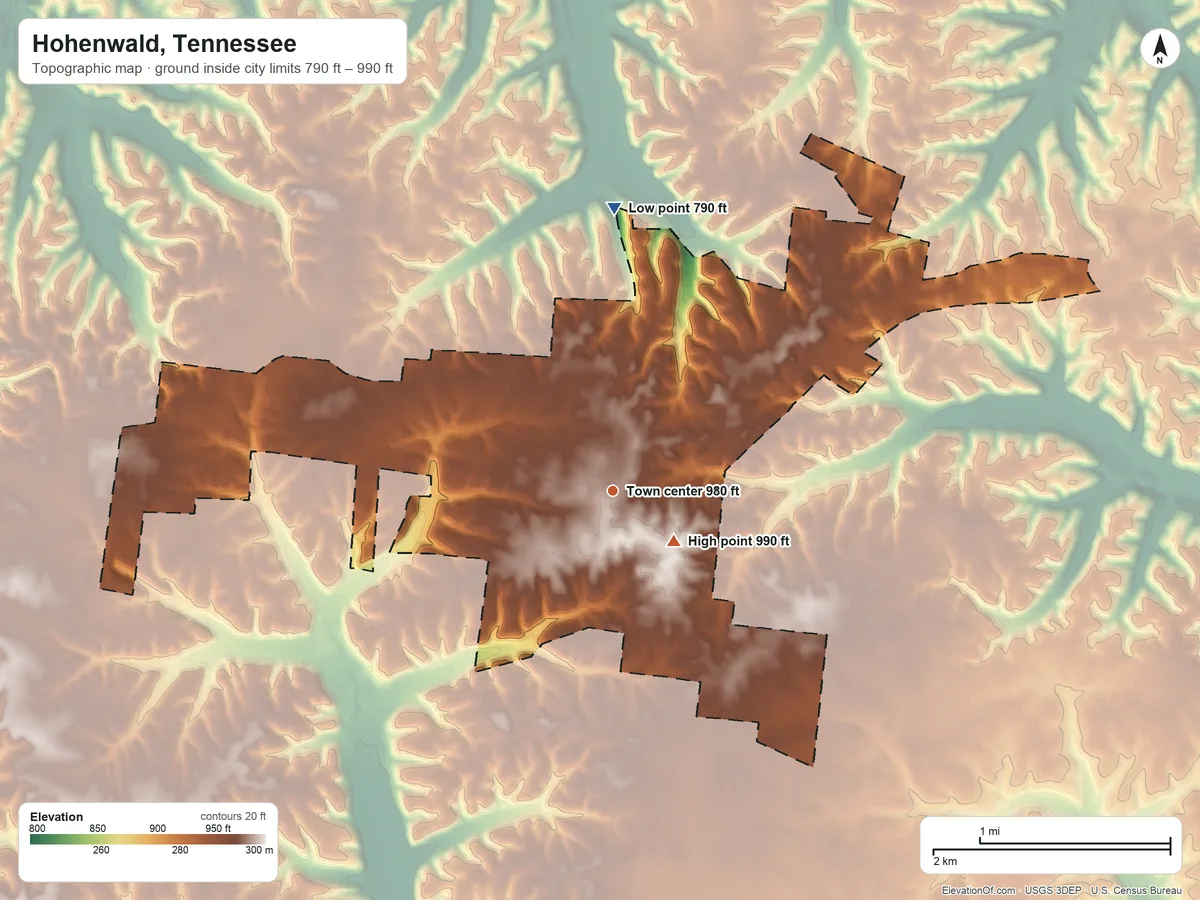 Topographic elevation map of Hohenwald, Tennessee, shaded from 790 ft on the north side to 990 ft near the middle