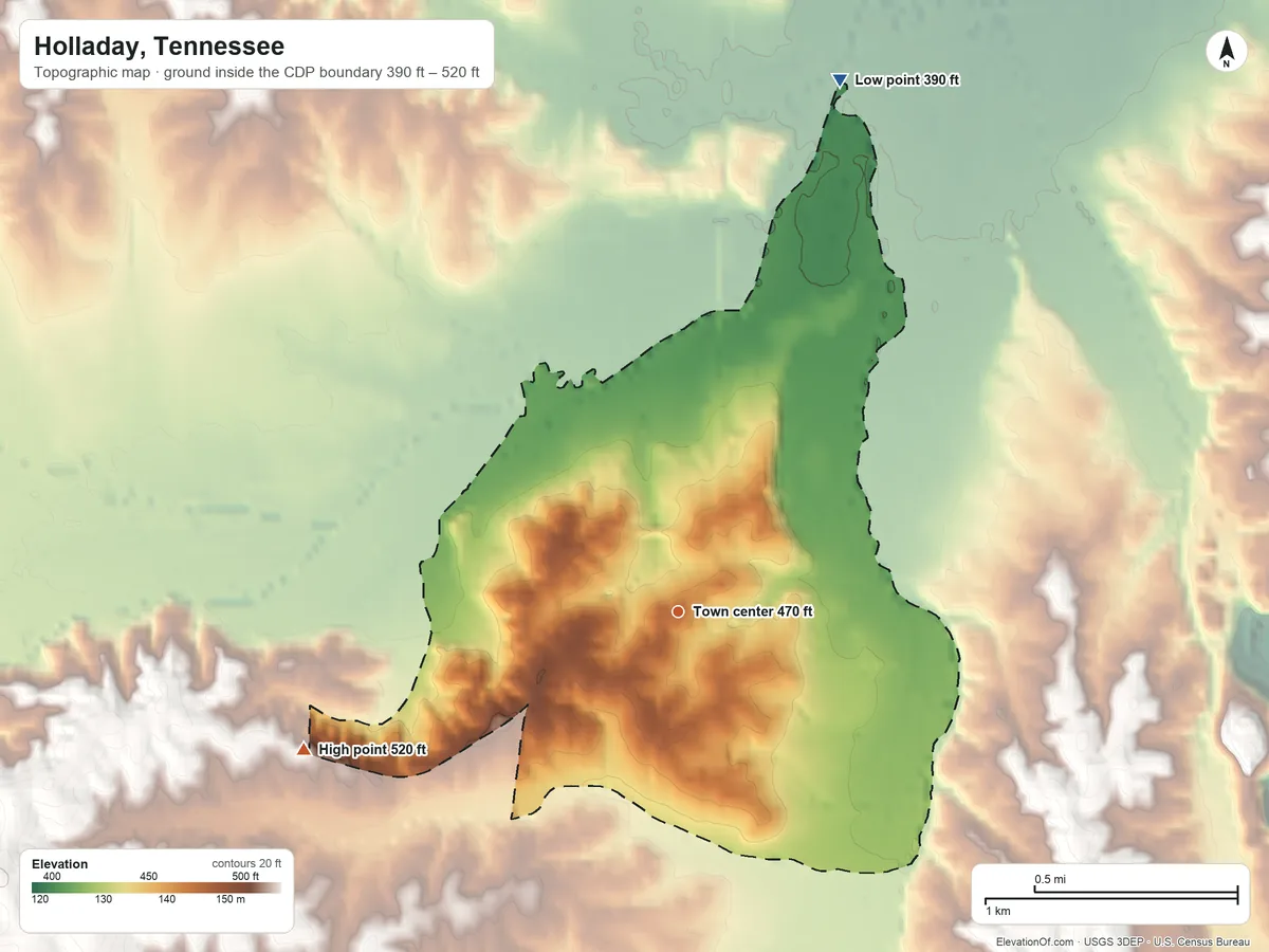 Topographic elevation map of Holladay, Tennessee, shaded from 390 ft on the north side to 520 ft on the west side