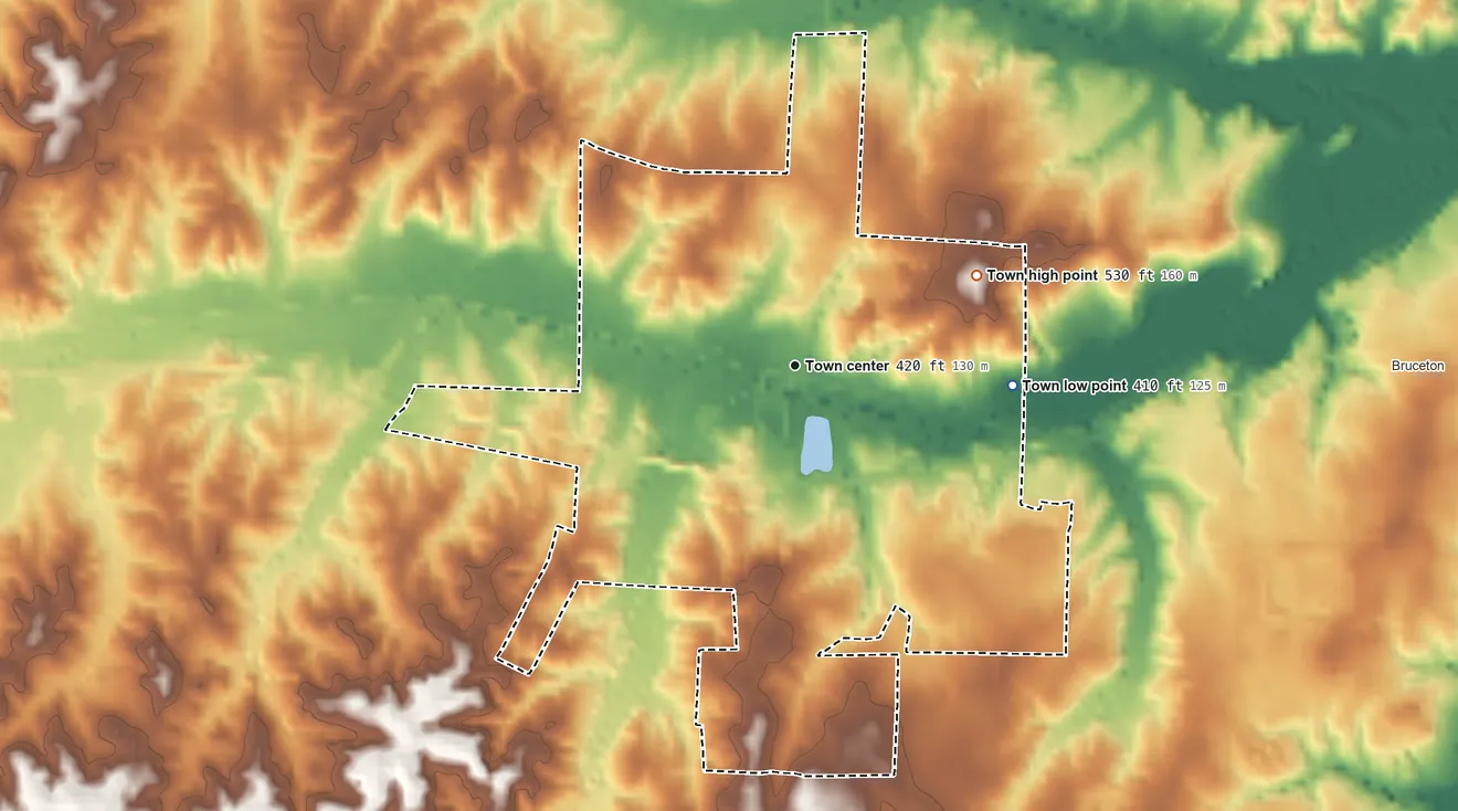 Topographic elevation map of Hollow Rock, Tennessee, shaded from 410 ft on the east side to 530 ft on the northeast side