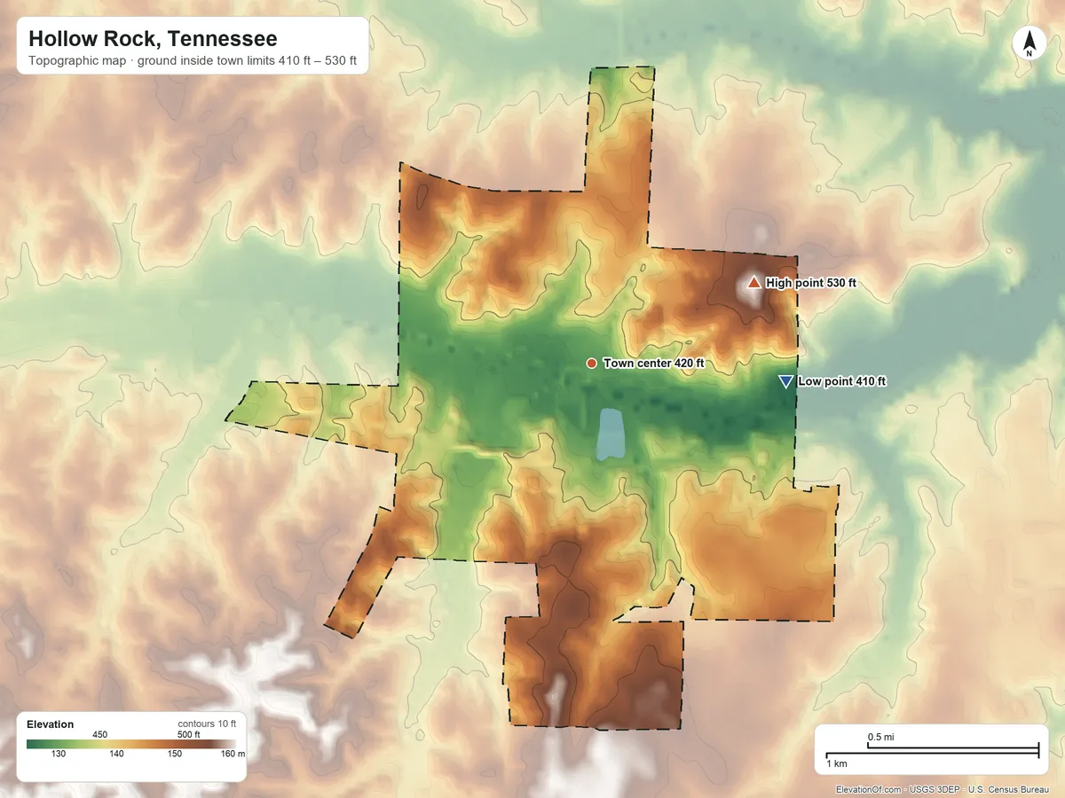 Topographic elevation map of Hollow Rock, Tennessee, shaded from 410 ft on the east side to 530 ft on the northeast side