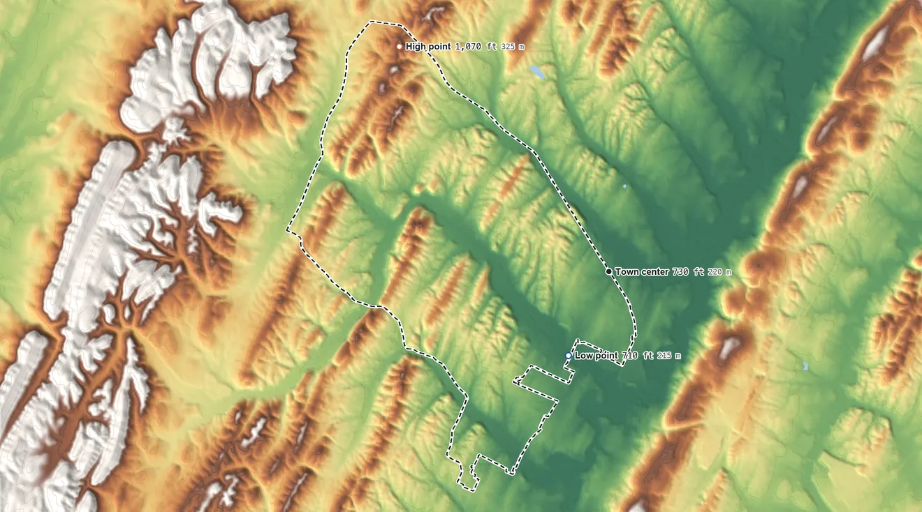 Topographic elevation map of Hopewell, Tennessee, shaded from 710 ft on the southwest side to 1,070 ft on the northwest side