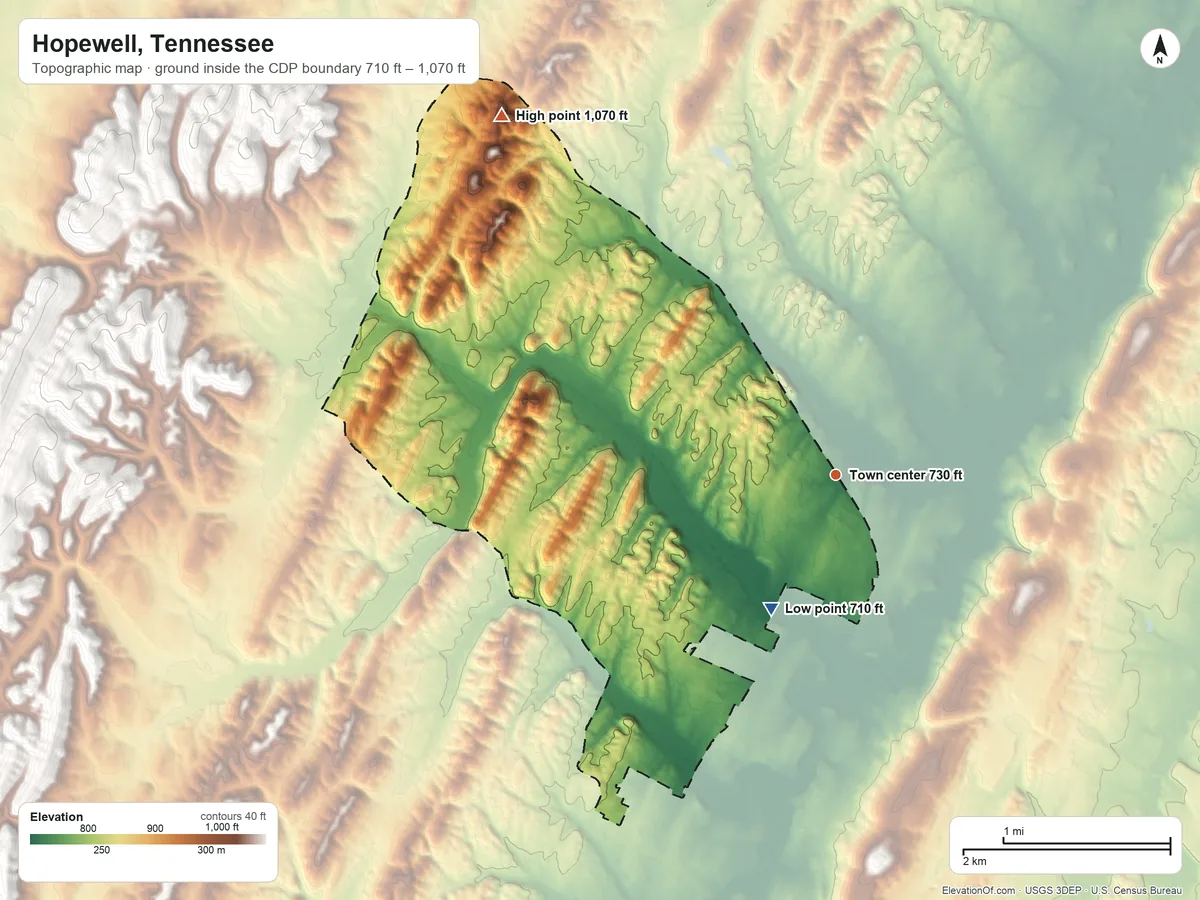 Topographic elevation map of Hopewell, Tennessee, shaded from 710 ft on the southwest side to 1,070 ft on the northwest side