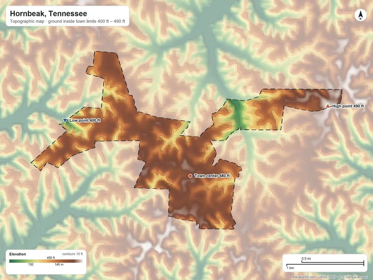 Topographic elevation map of Hornbeak, Tennessee, shaded from 400 ft on the northwest side to 490 ft on the northeast side