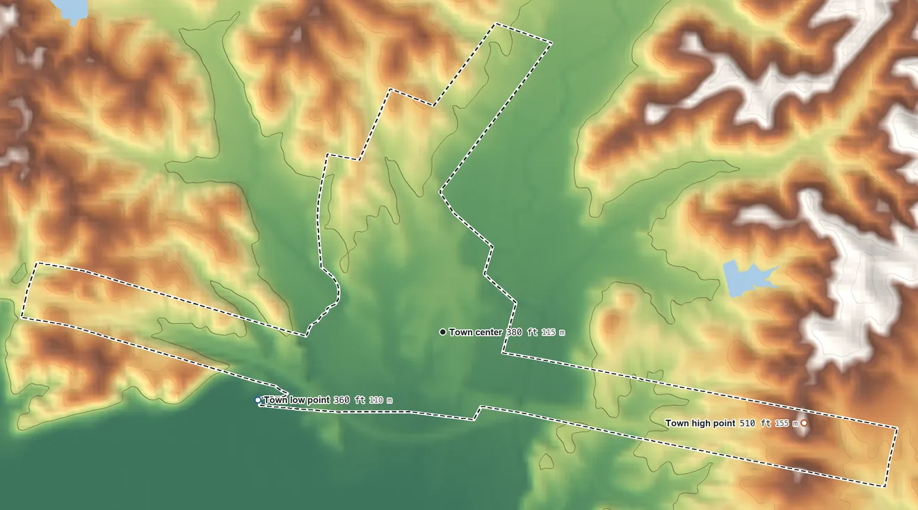Topographic elevation map of Hornsby, Tennessee, shaded from 360 ft on the west side to 510 ft on the east side