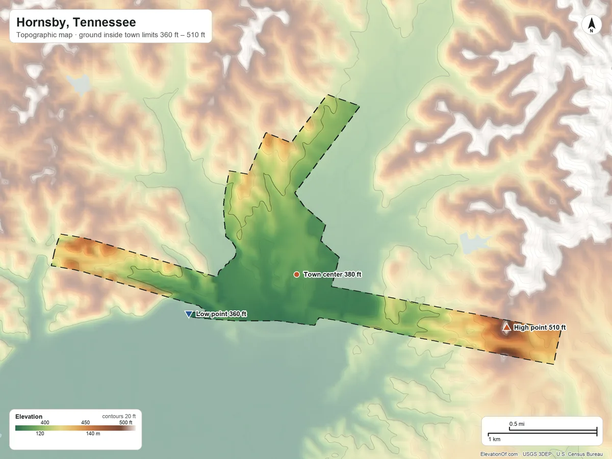 Topographic elevation map of Hornsby, Tennessee, shaded from 360 ft on the west side to 510 ft on the east side