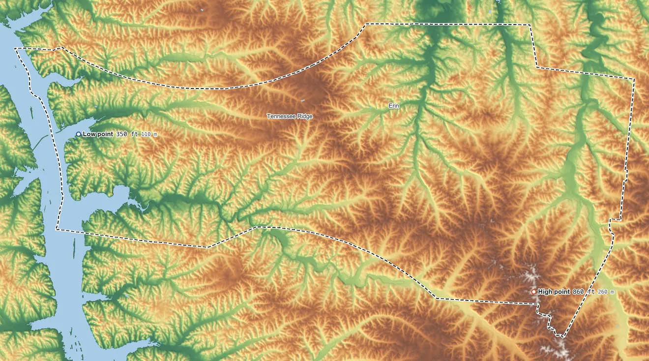 Topographic elevation map of Houston County, Tennessee, shaded from 350 ft on the west side to 860 ft on the southeast side