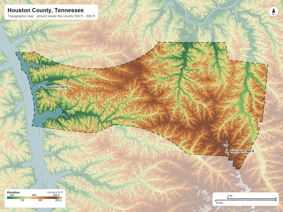 Topographic elevation map of Houston County, Tennessee, shaded from 350 ft on the west side to 860 ft on the southeast side