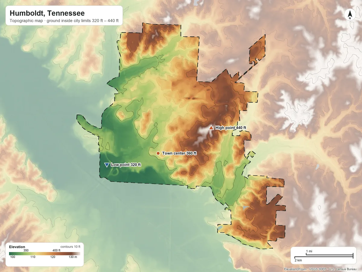 Topographic elevation map of Humboldt, Tennessee, shaded from 320 ft on the west side to 440 ft on the northeast side