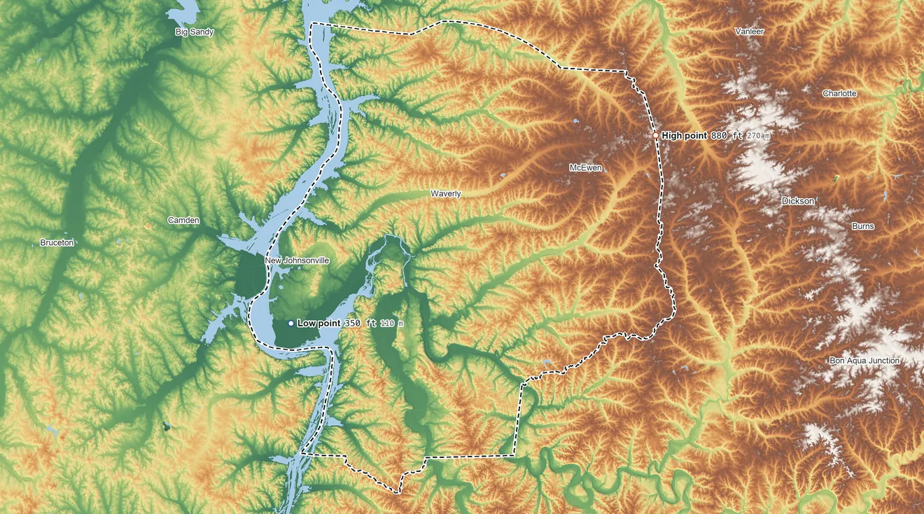 Topographic elevation map of Humphreys County, Tennessee, shaded from 350 ft on the west side to 880 ft on the northeast side
