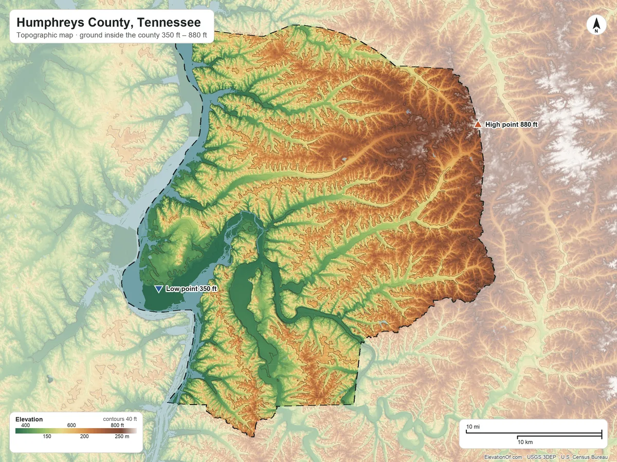 Topographic elevation map of Humphreys County, Tennessee, shaded from 350 ft on the west side to 880 ft on the northeast side