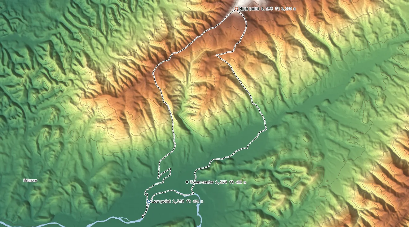 Topographic elevation map of Hunter, Tennessee, shaded from 1,540 ft on the southwest side to 4,170 ft on the north side