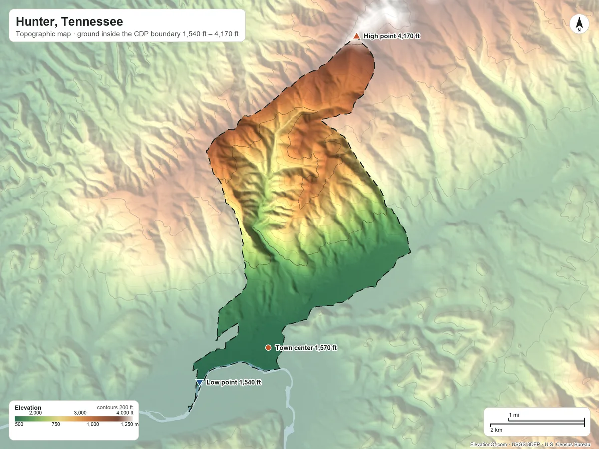 Topographic elevation map of Hunter, Tennessee, shaded from 1,540 ft on the southwest side to 4,170 ft on the north side