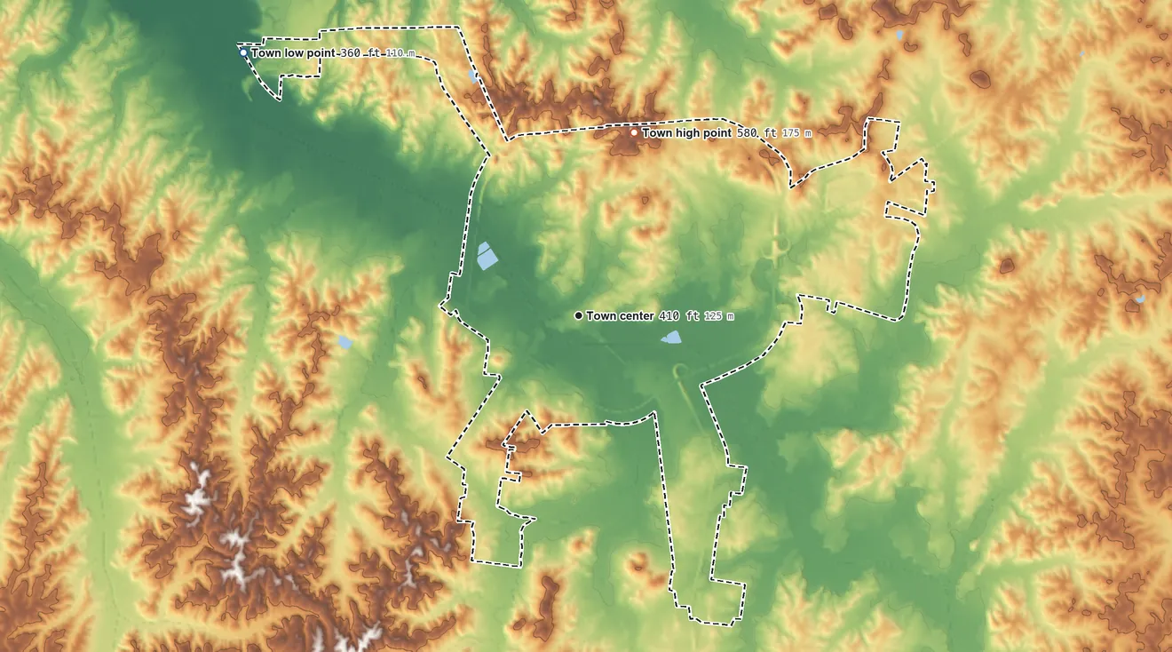 Topographic elevation map of Huntingdon, Tennessee, shaded from 360 ft on the northwest side to 580 ft on the north side