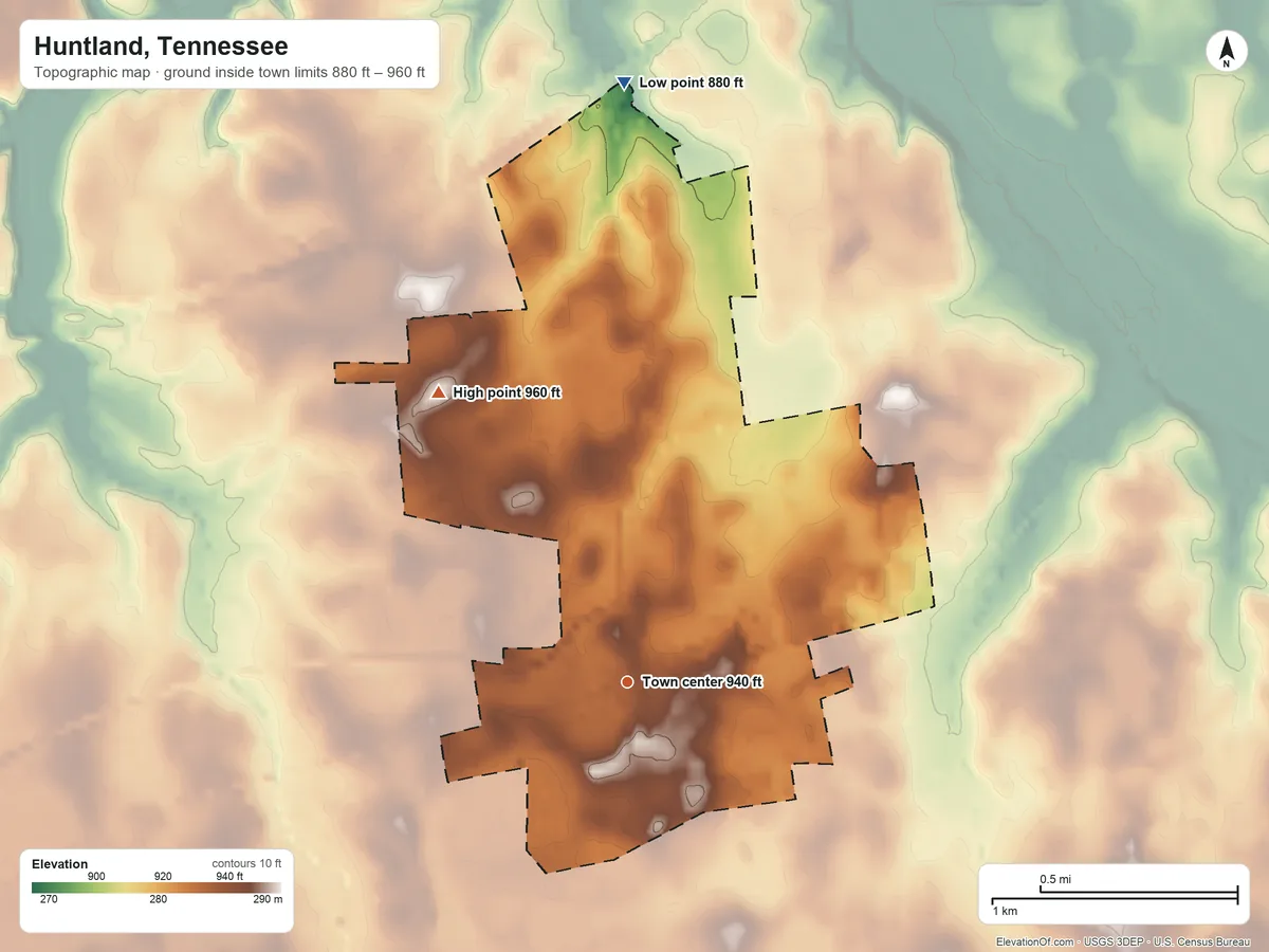 Topographic elevation map of Huntland, Tennessee, shaded from 880 ft on the north side to 960 ft on the northwest side
