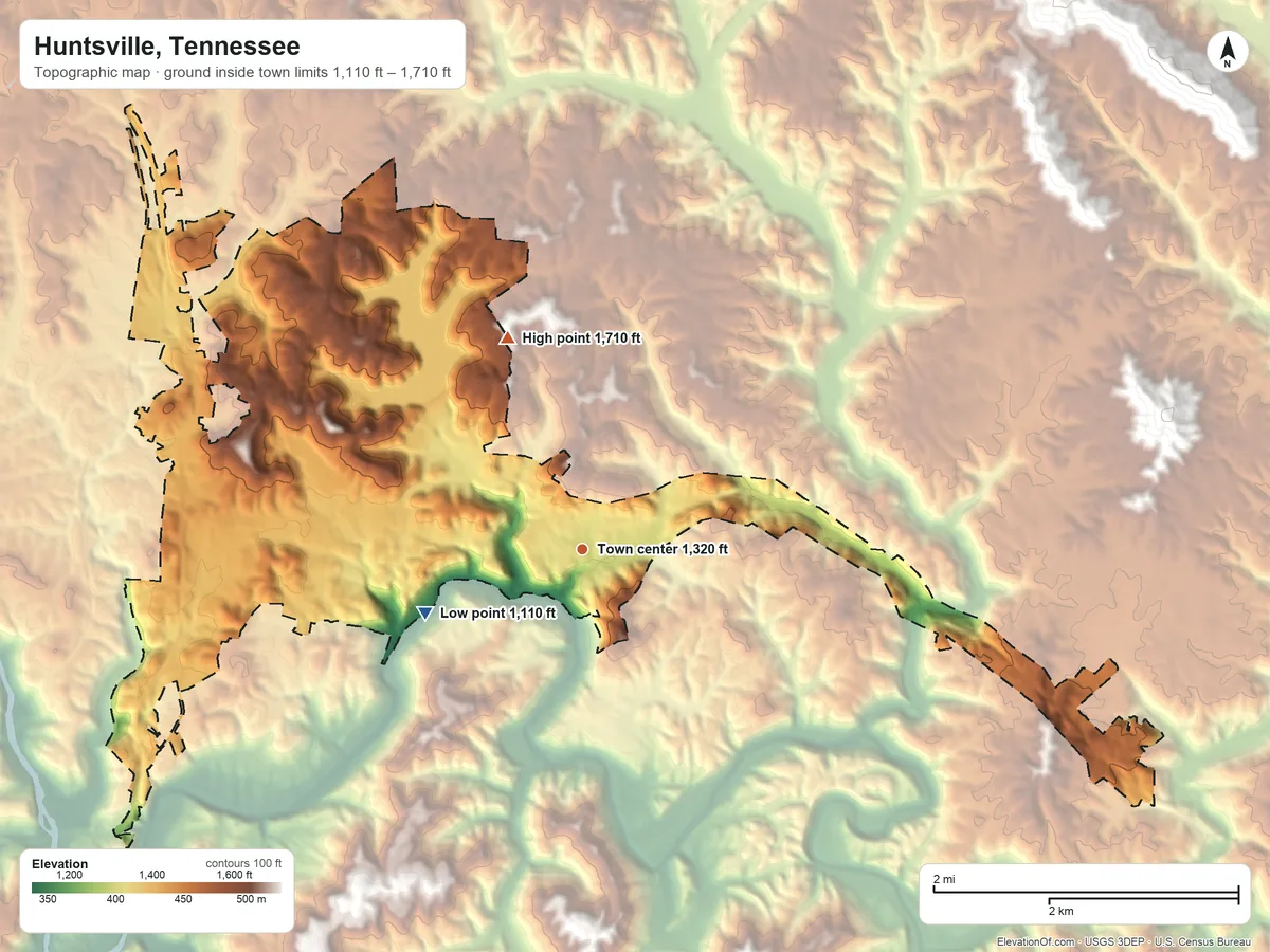 Topographic elevation map of Huntsville, Tennessee, shaded from 1,110 ft on the west side to 1,710 ft on the north side