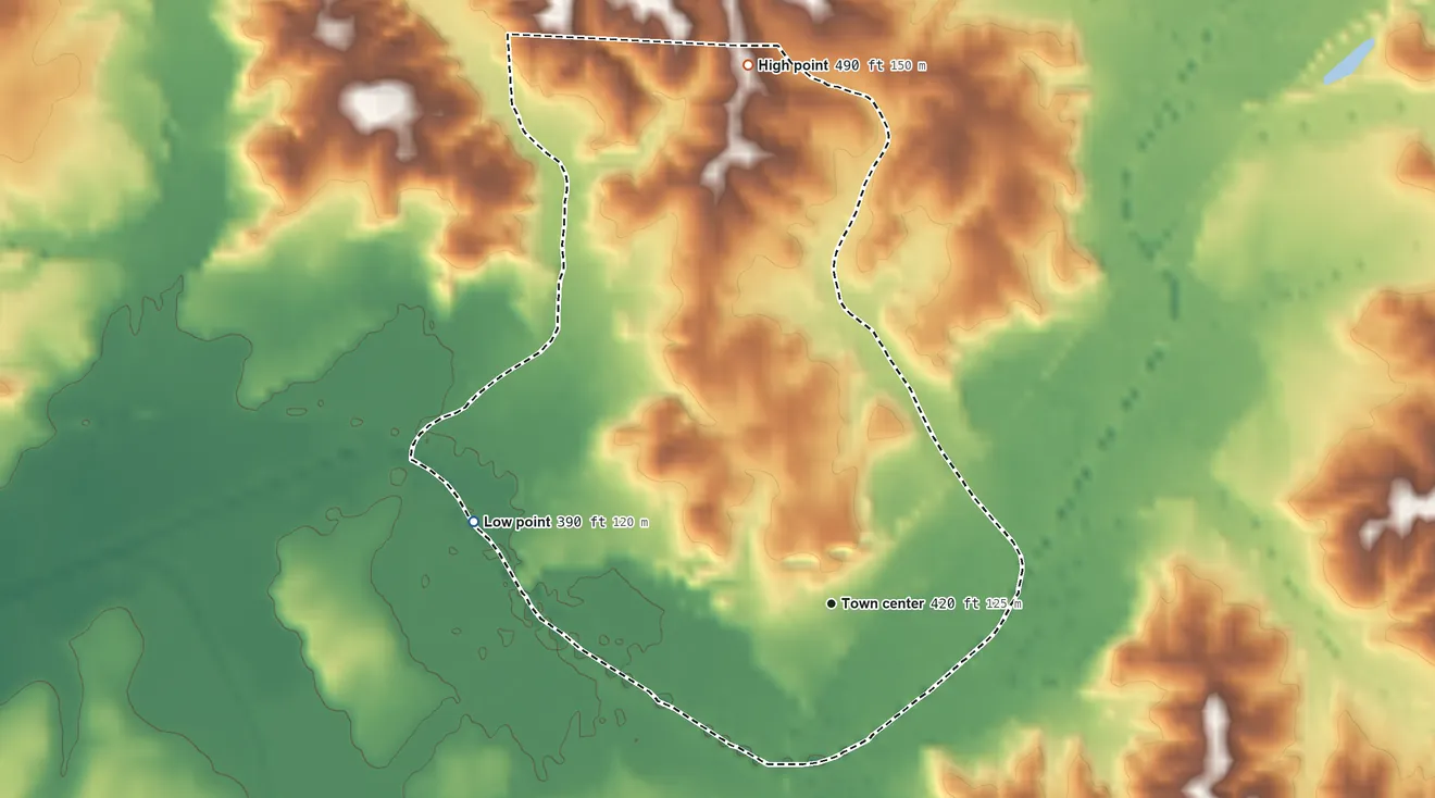 Topographic elevation map of Huron, Tennessee, shaded from 390 ft on the west side to 490 ft on the north side