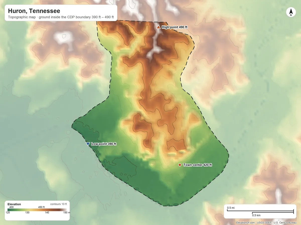 Topographic elevation map of Huron, Tennessee, shaded from 390 ft on the west side to 490 ft on the north side