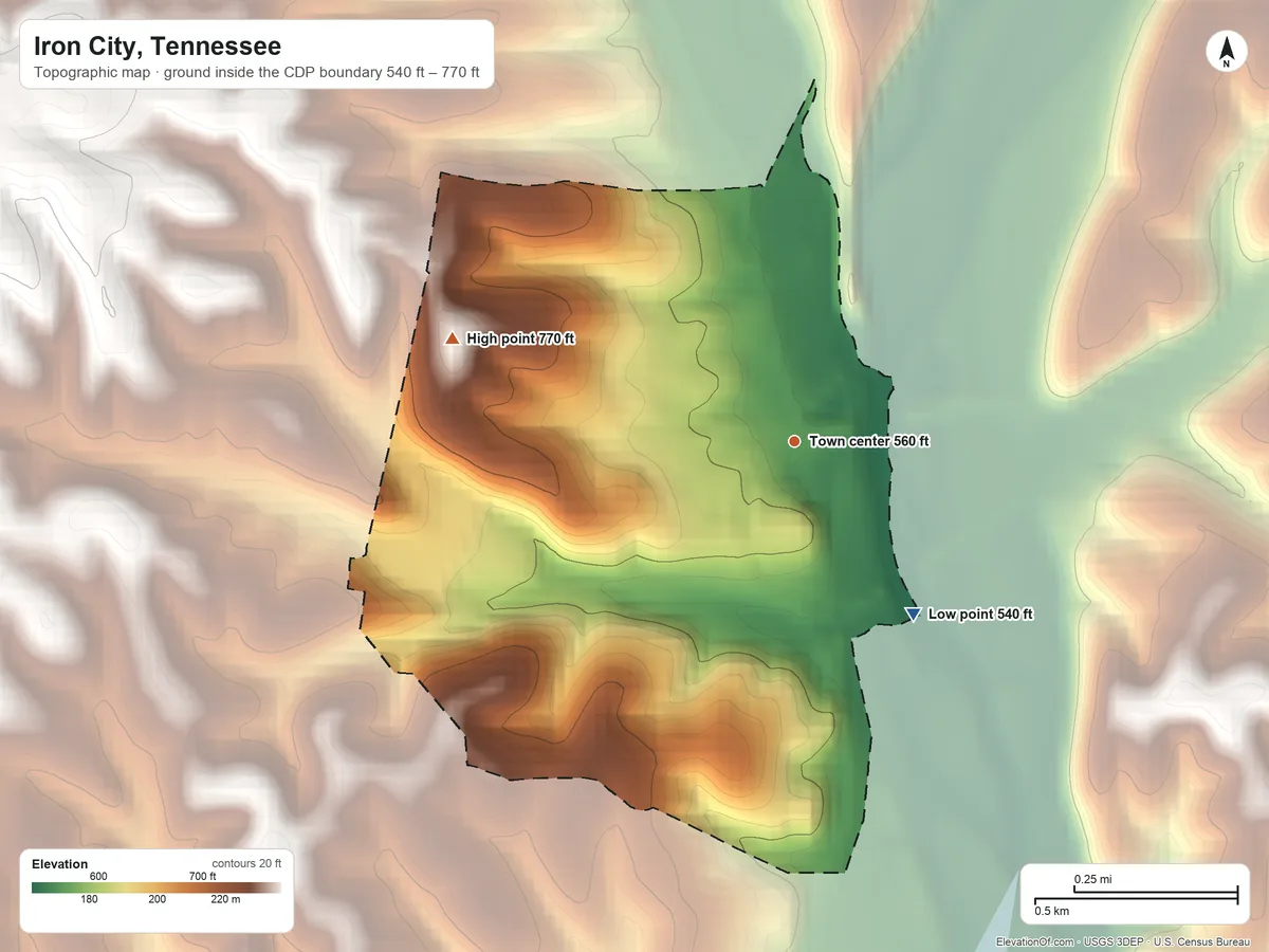 Topographic elevation map of Iron City, Tennessee, shaded from 540 ft on the southeast side to 770 ft on the west side