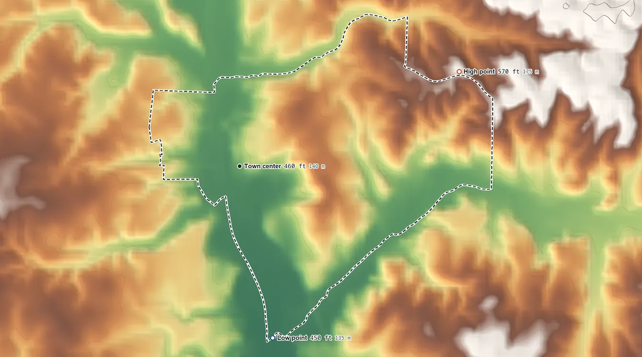 Topographic elevation map of Jacks Creek, Tennessee, shaded from 450 ft on the south side to 570 ft on the northeast side
