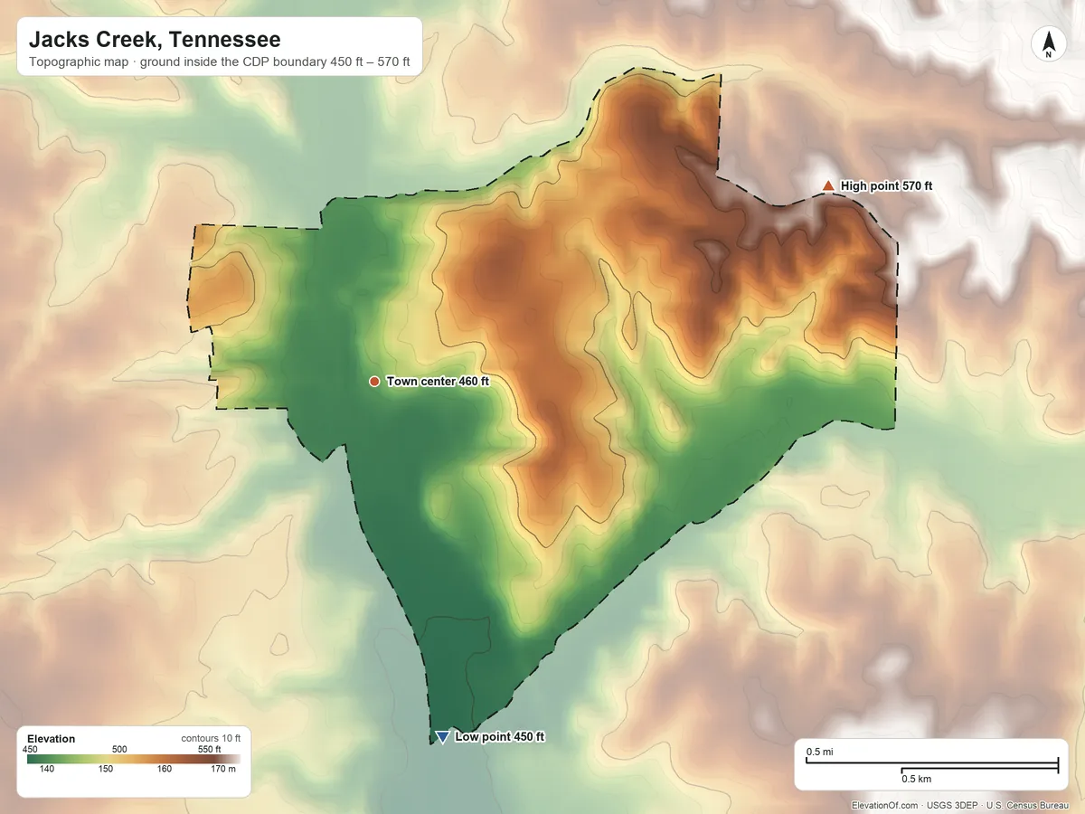 Topographic elevation map of Jacks Creek, Tennessee, shaded from 450 ft on the south side to 570 ft on the northeast side