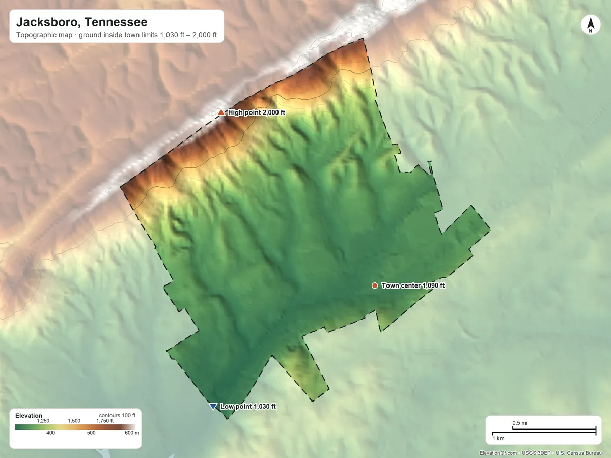 Topographic elevation map of Jacksboro, Tennessee, shaded from 1,030 ft on the southwest side to 2,000 ft on the northwest side