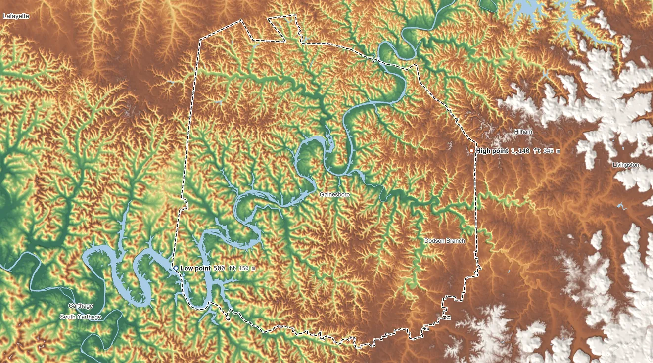 Topographic elevation map of Jackson County, Tennessee, shaded from 500 ft on the southwest side to 1,140 ft on the east side