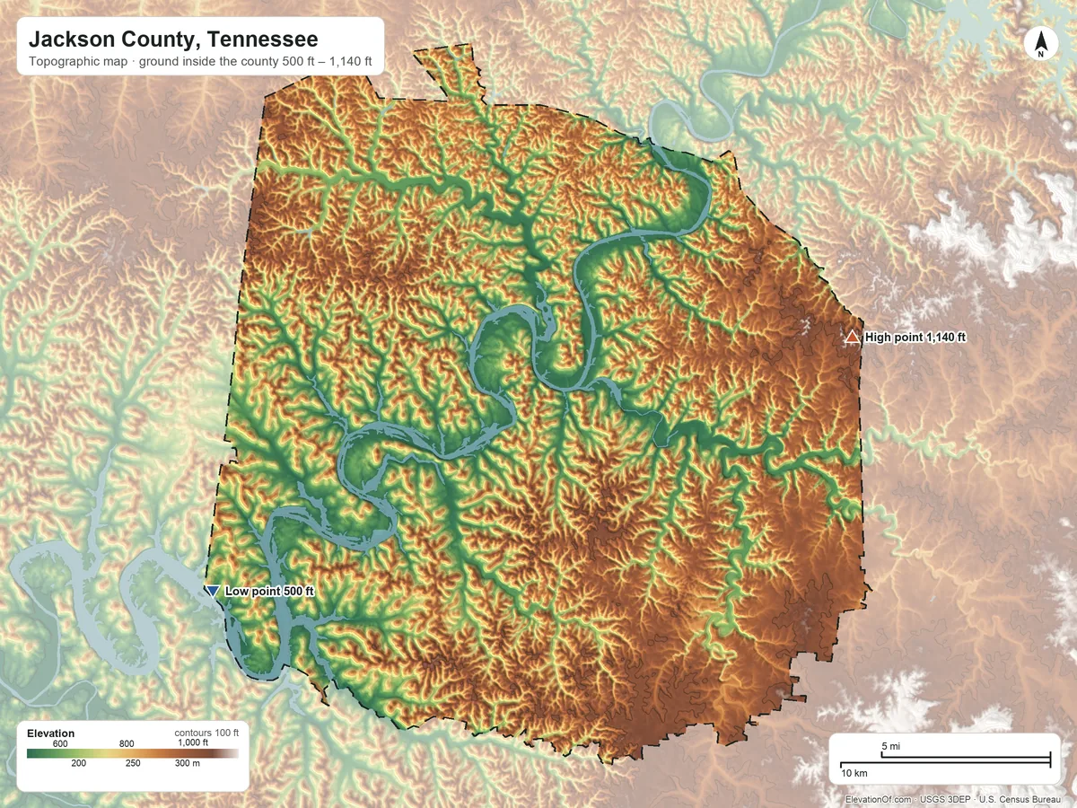 Topographic elevation map of Jackson County, Tennessee, shaded from 500 ft on the southwest side to 1,140 ft on the east side