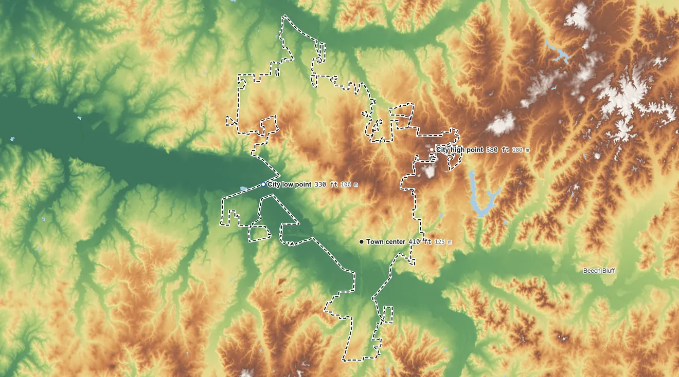 Topographic elevation map of Jackson, Tennessee, shaded from 330 ft on the northwest side to 580 ft on the northeast side