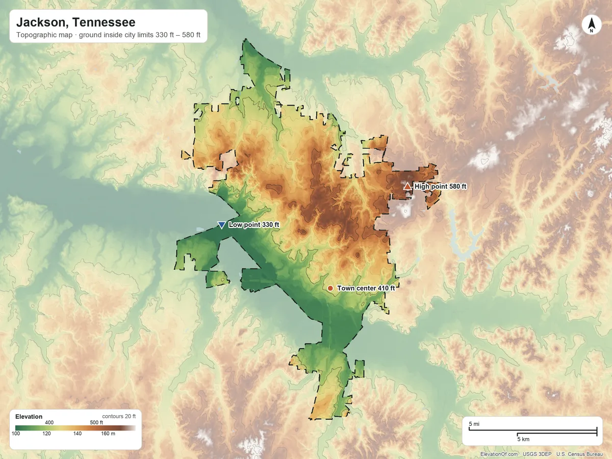 Topographic elevation map of Jackson, Tennessee, shaded from 330 ft on the northwest side to 580 ft on the northeast side