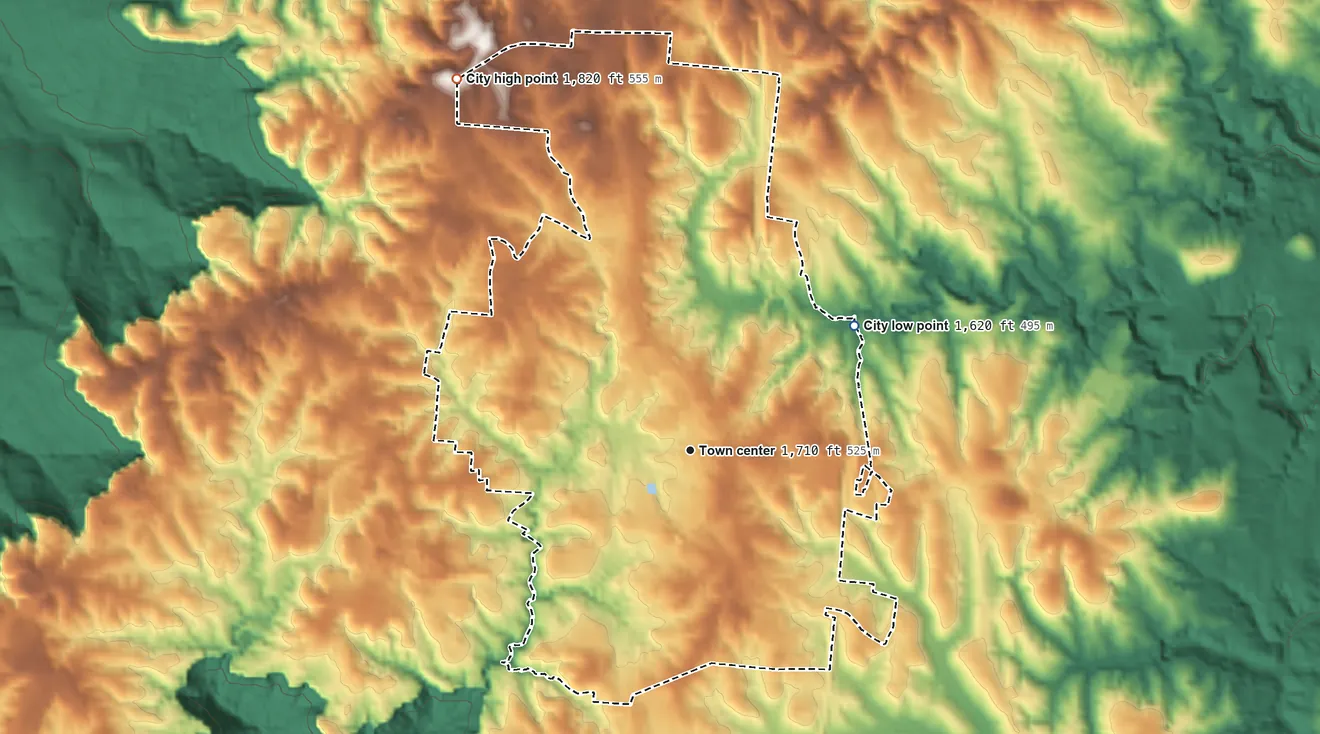 Topographic elevation map of Jamestown, Tennessee, shaded from 1,620 ft on the northeast side to 1,820 ft on the northwest side